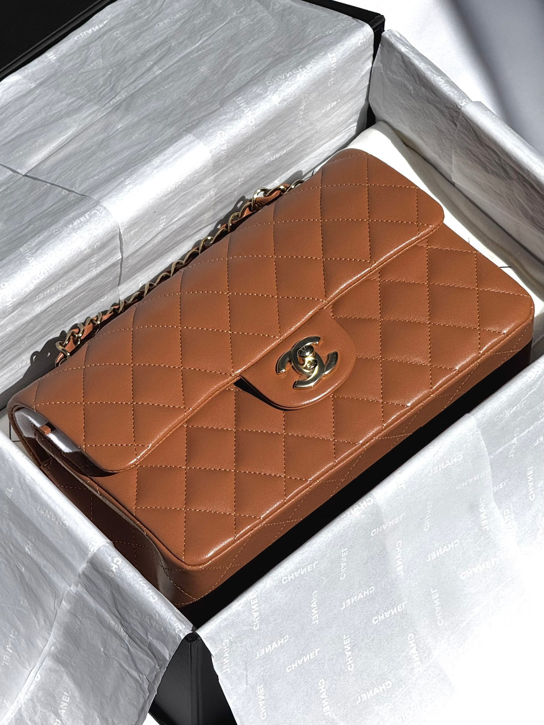 Chanel 22S Small Caramel Lambskin Classic Flap Bag + LGHW