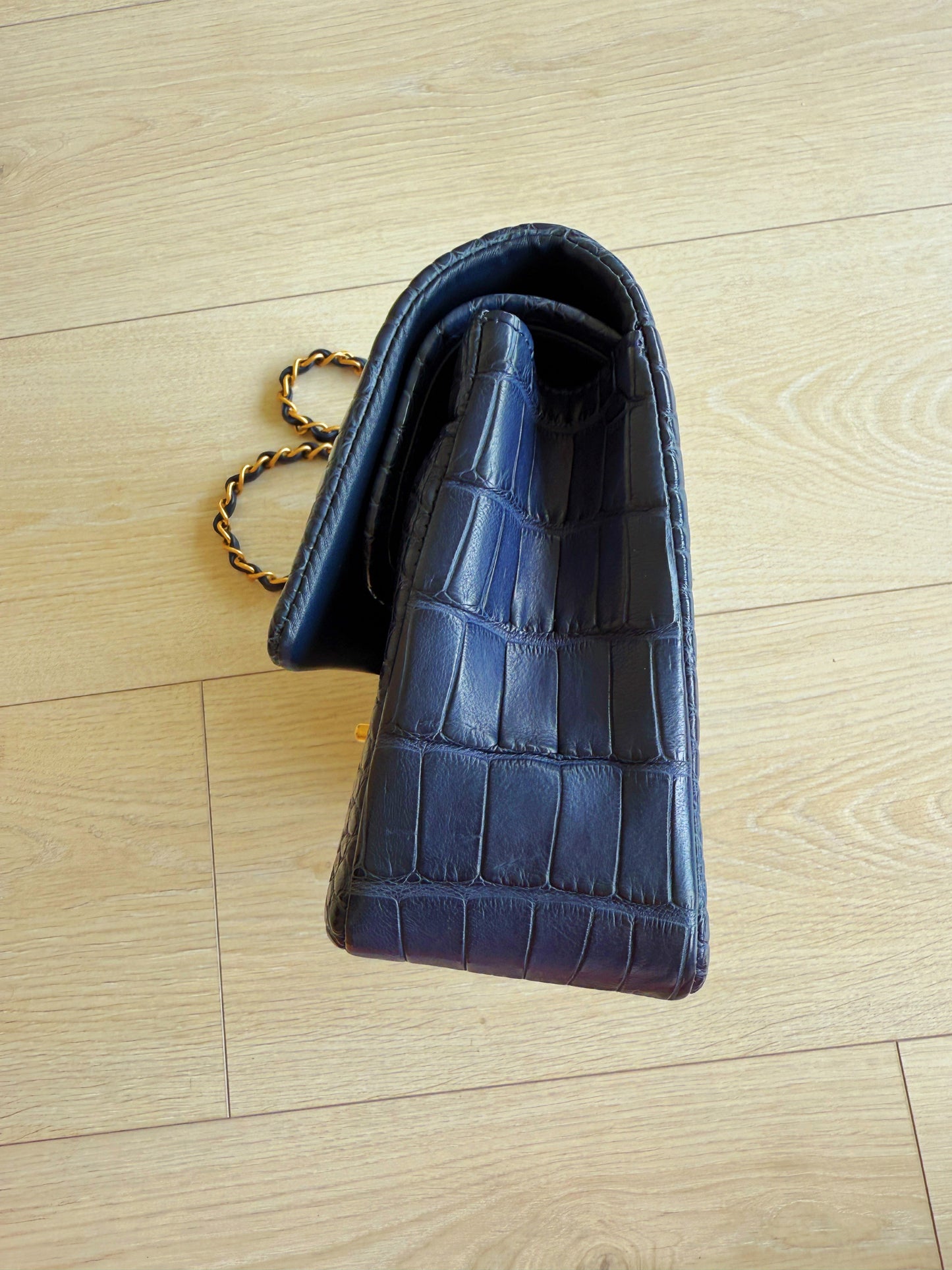 Chanel Navy Blue Matte Alligator Medium Classic Flap Bag