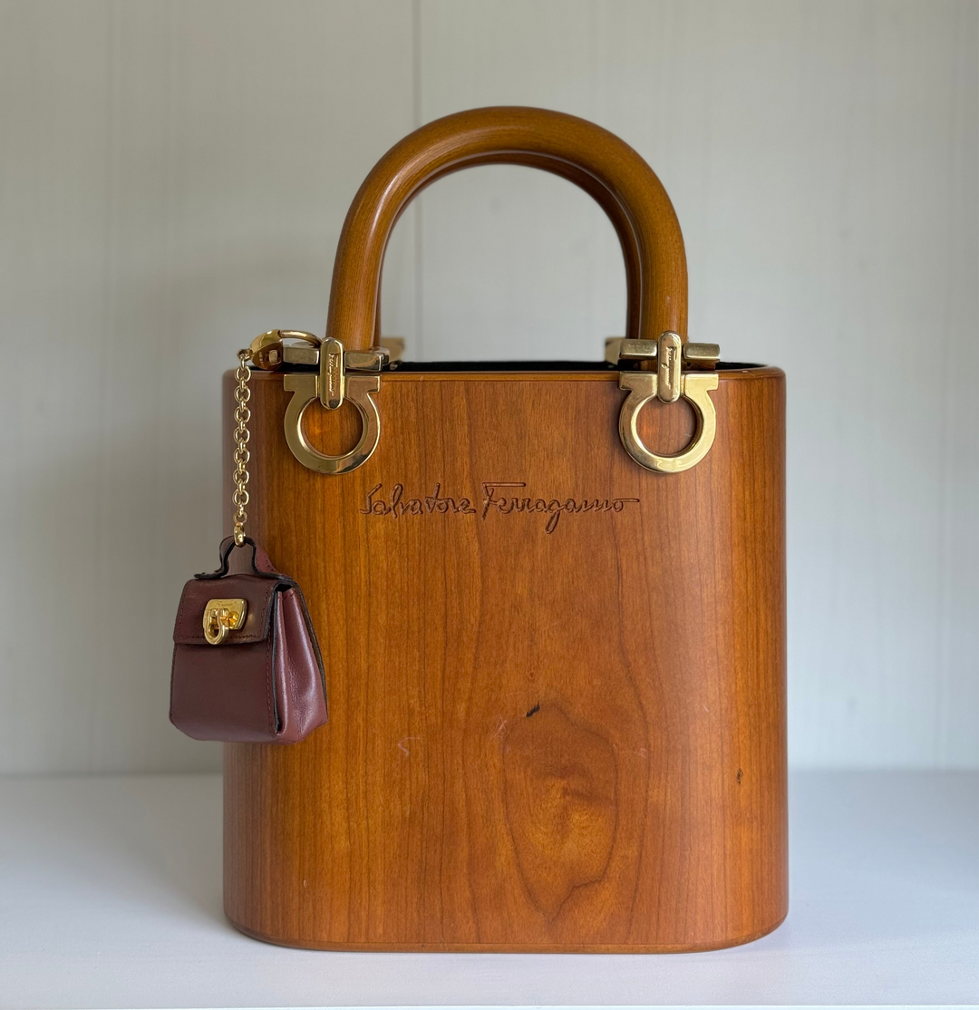 Salvatore Ferragamo Vintage Gancini Wooden Bucket Bag + Coin Pouch