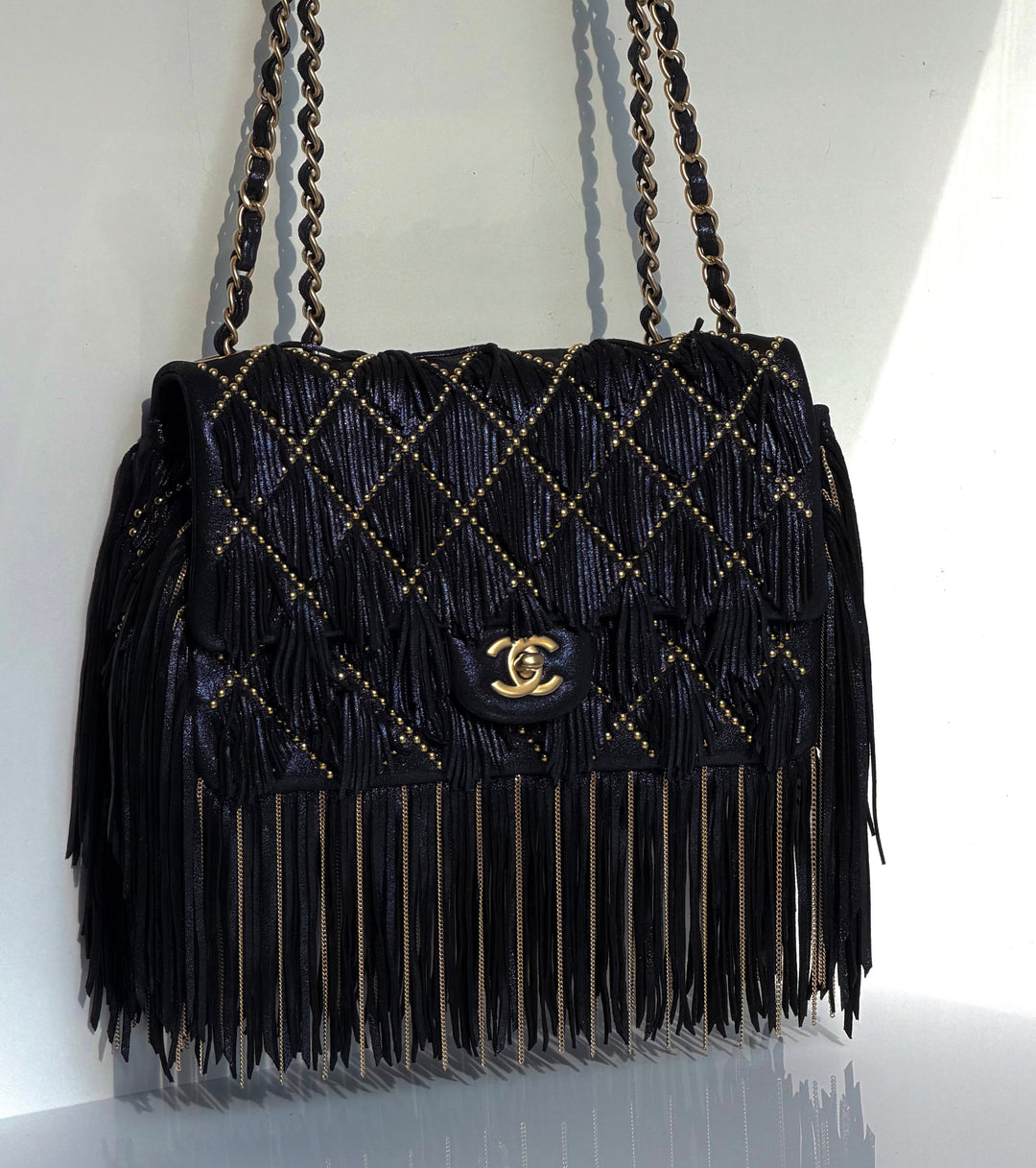 Chanel Paris-Dallas Medium Fringe Flap Bag Black Iridescent Leather Brushed Gold Tone Hardware 2014