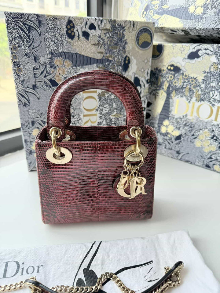 Christian Dior Lady Dior Mini Top Handle Lizard Burgundy Gold Hardware