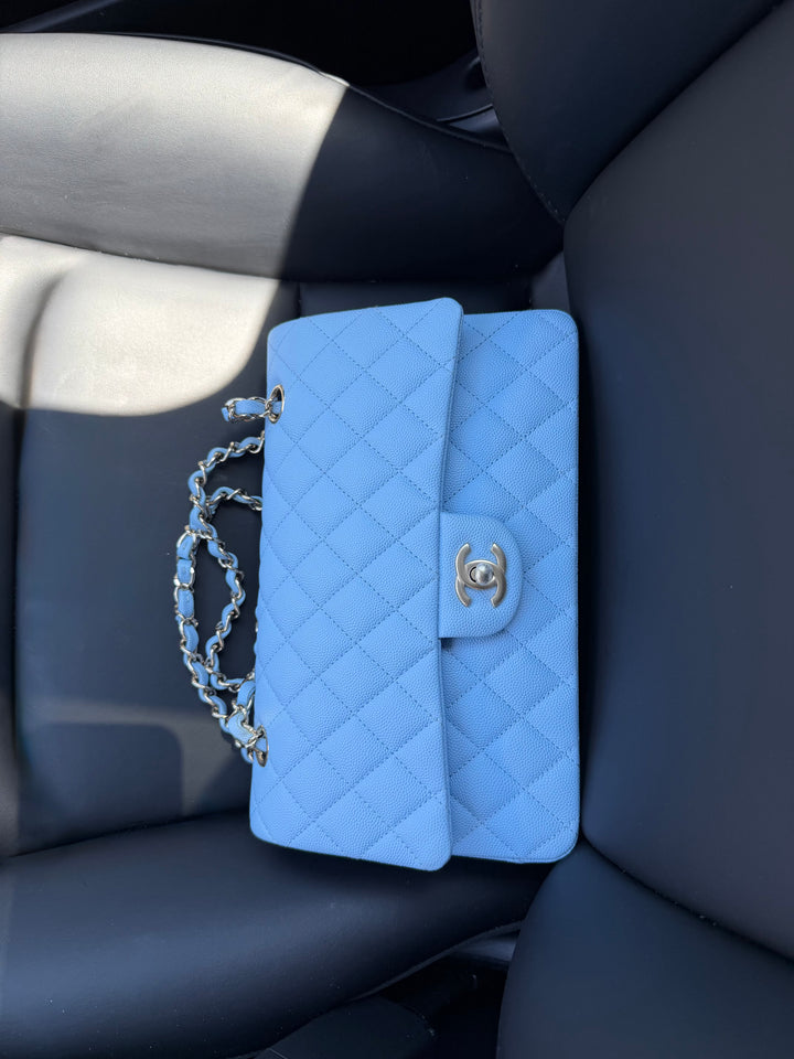 Chanel Medium Classic Double Flap Caviar Light Blue Light Gold Hardware 2023