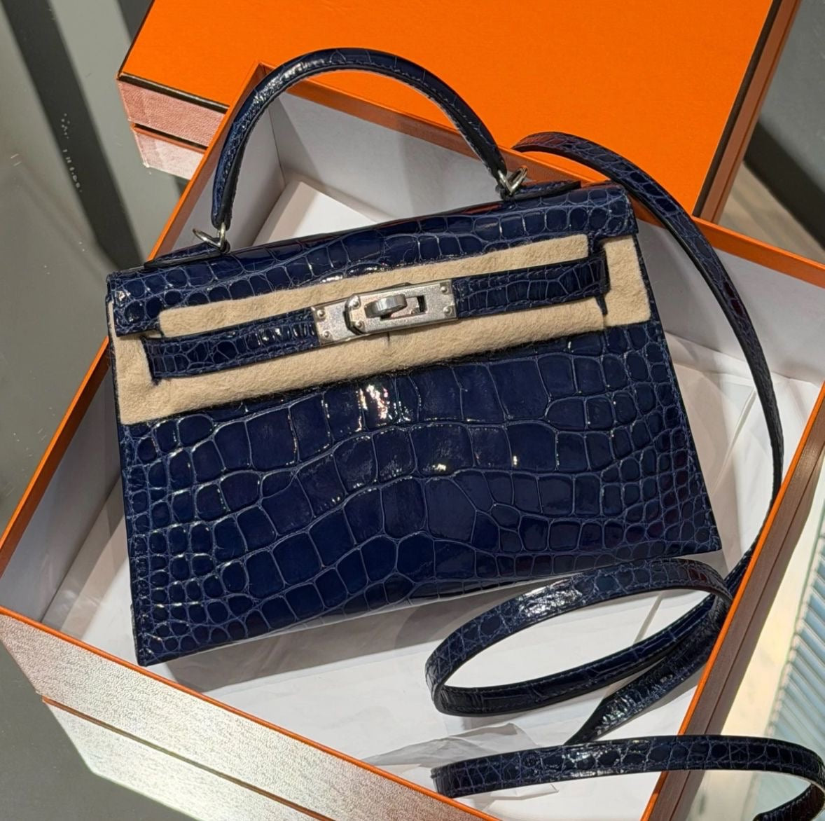 Hermès Mini Kelly 20 Niloticus Crocodile Bleu Saphir Palladium