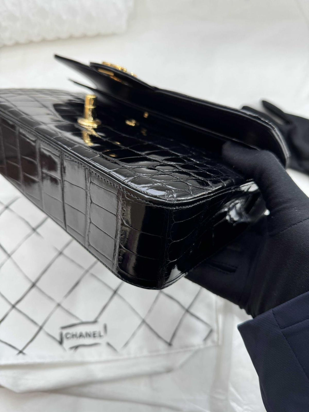 Chanel Medium Classic Flap Bag Alligator Black Gold Hardware 2019