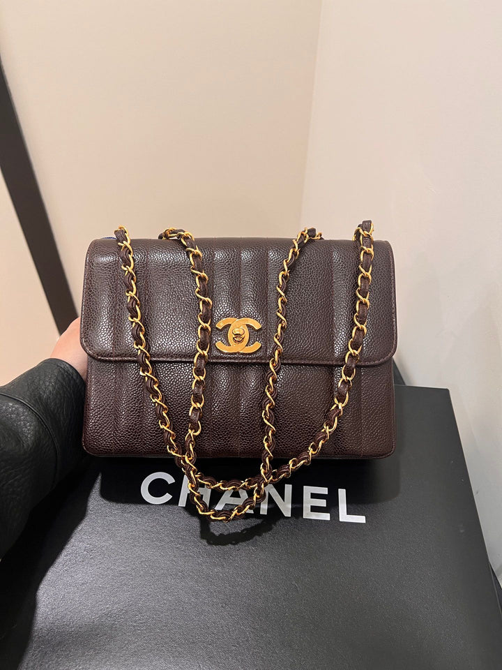 Chanel Mademoiselle Vertical Flap Brown Caviar Gold Hardware 1994