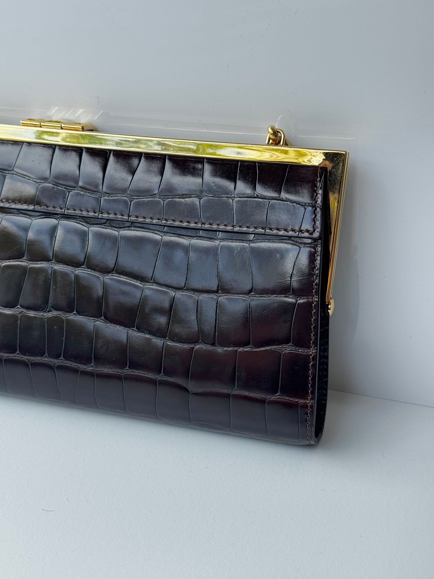 Celine Croc Embossed Brown Shoulder Clutch Bag