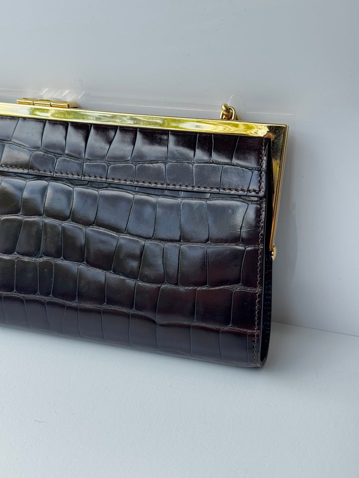 Celine Croc Embossed Brown Shoulder Clutch Bag