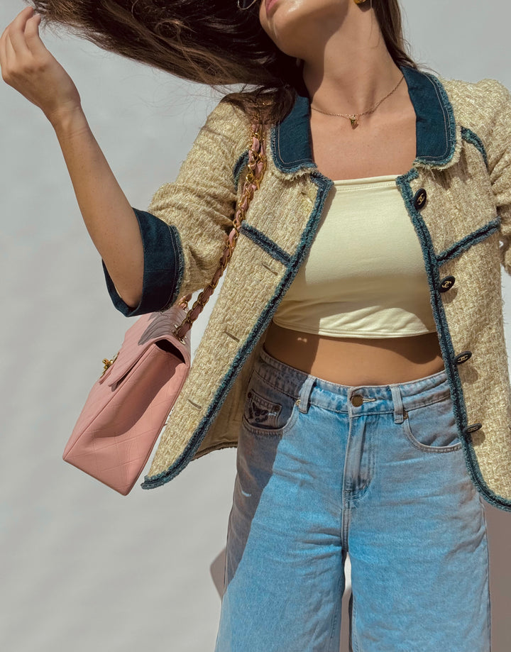 Chanel 2007 Spring Ecru & Denim Trim CC Jacket