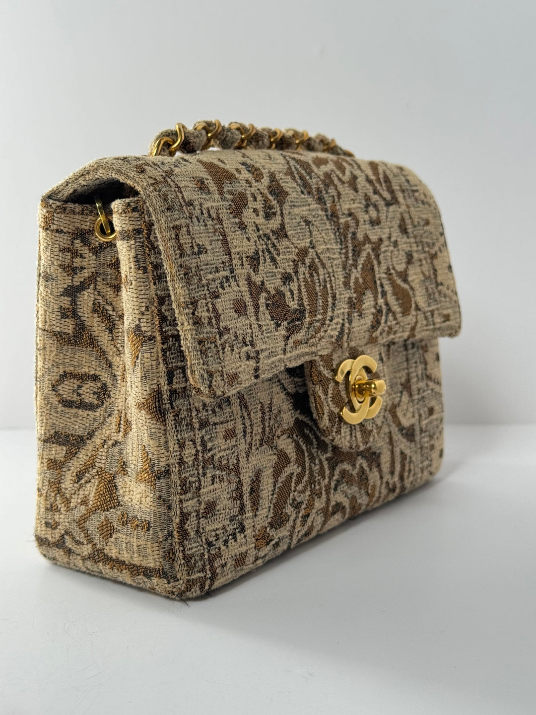 Chanel 1991 Bronze Metallic Brocade Vintage Mini Square Flap Bag