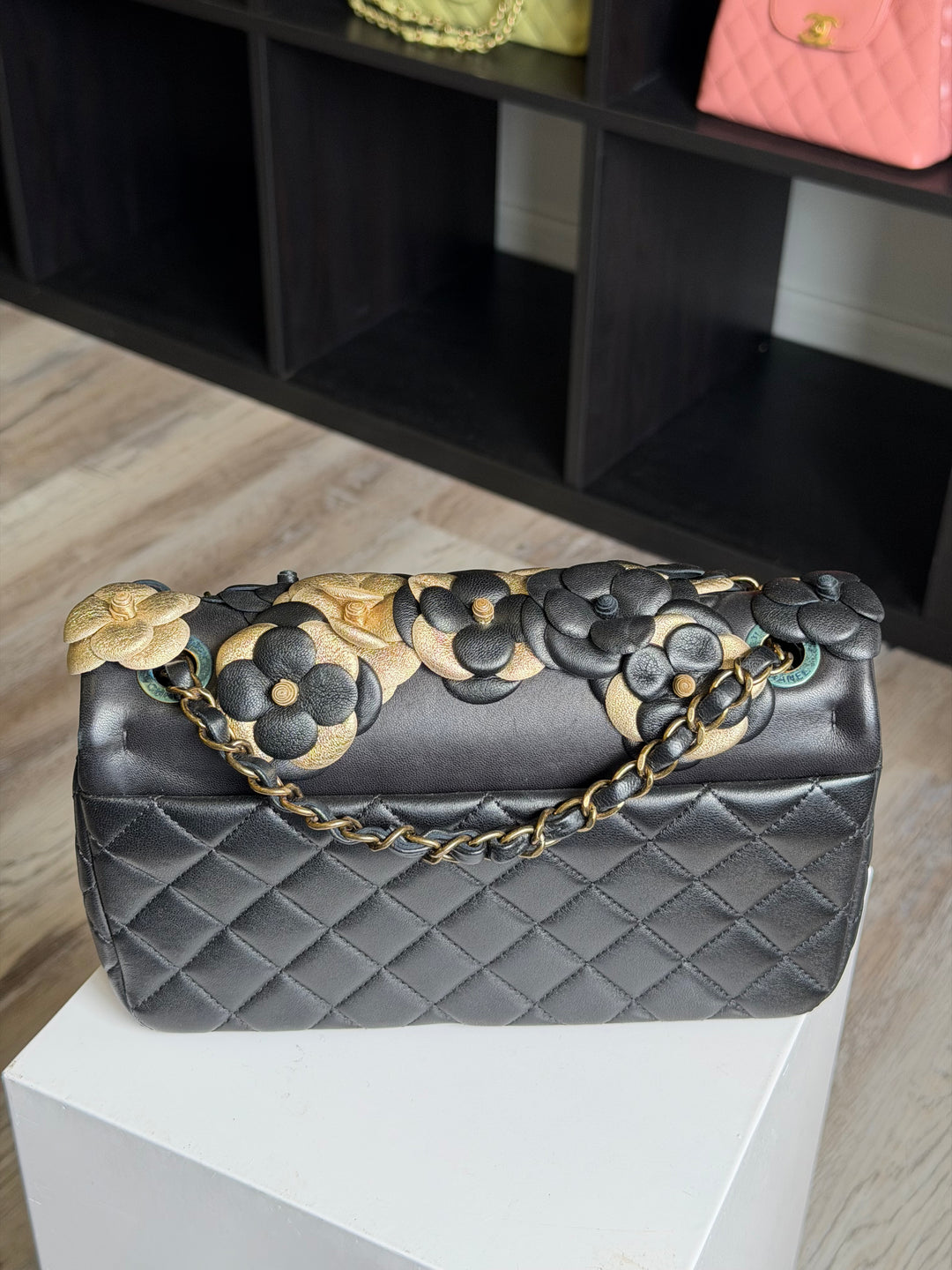 Chanel Metallic Gold and Black Lambskin Camellia Rose Appliqué Medium Flap Bag