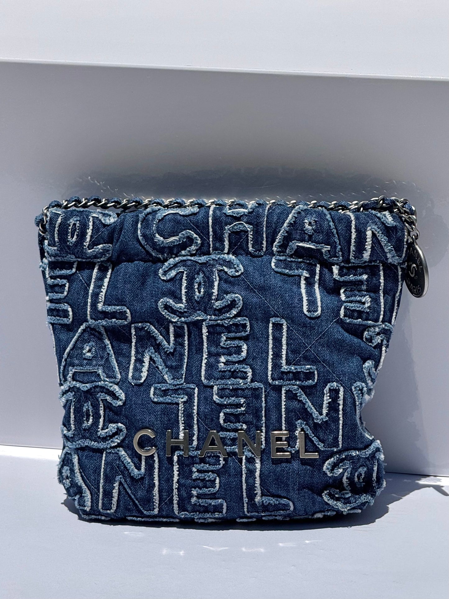 Chanel Blue Washed Denim Mini Logo Embroidered 22