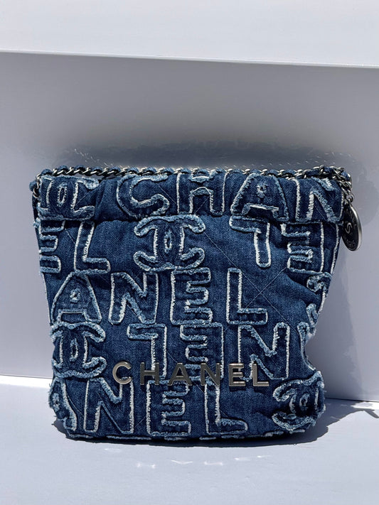 Chanel Blue Washed Denim Mini Logo Embroidered 22