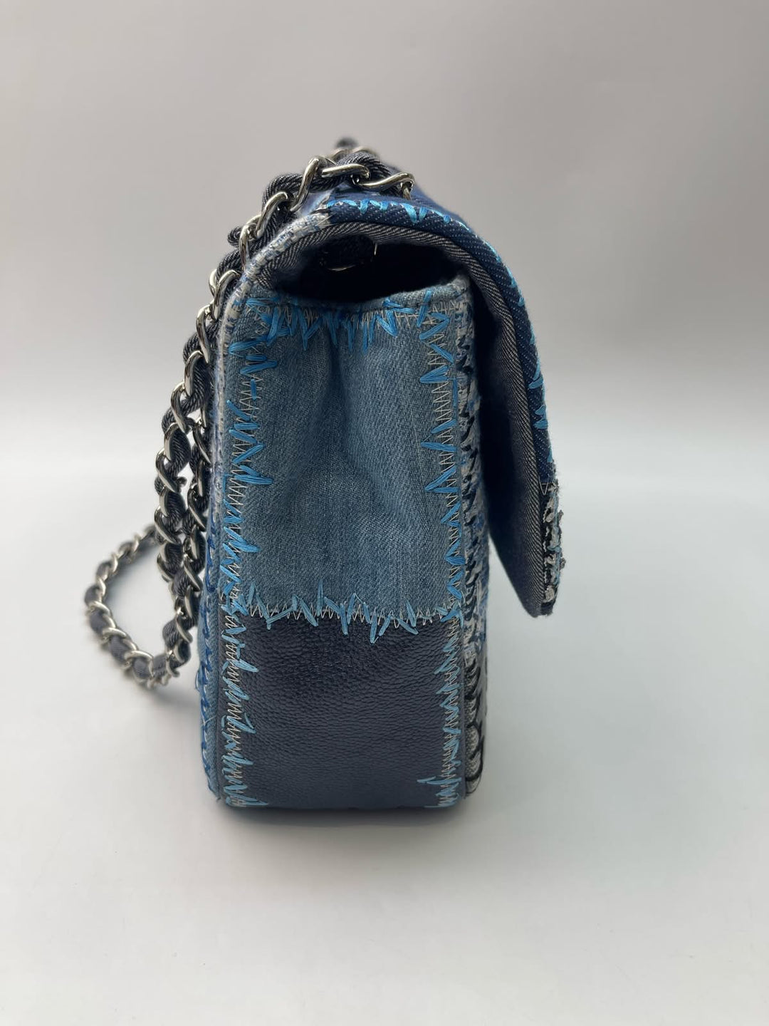 Chanel Jumbo Single Flap Patchwork Denim Blue Tweed Textile Leather Silver Hardware 2015