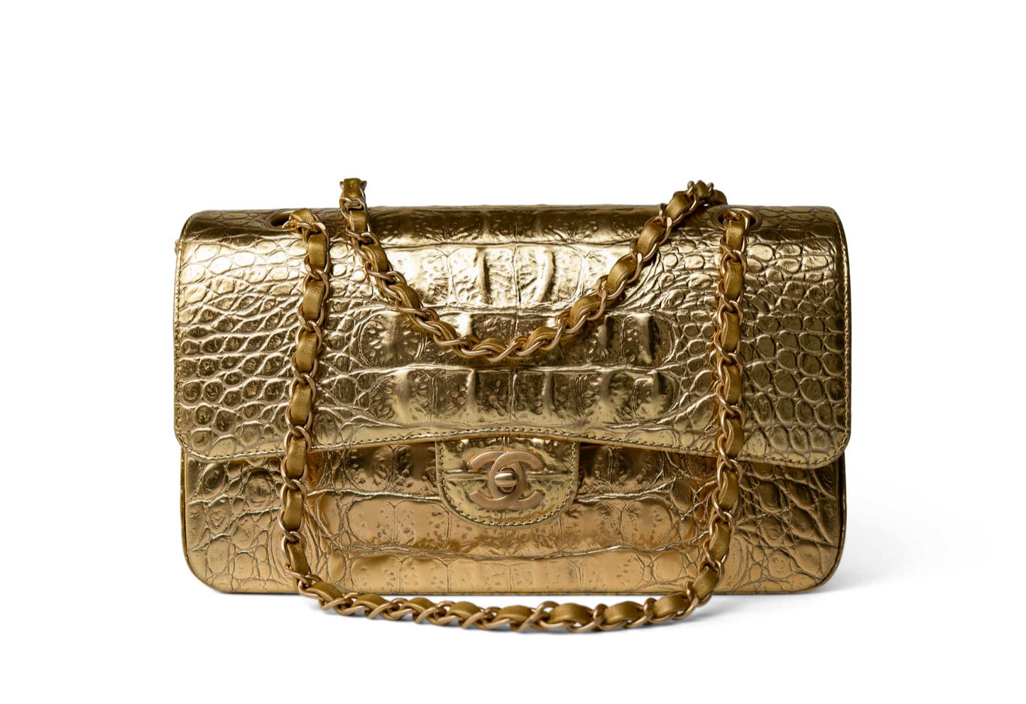 Chanel Metallic Gold Croc Embossed Medium Classic Flap Bag