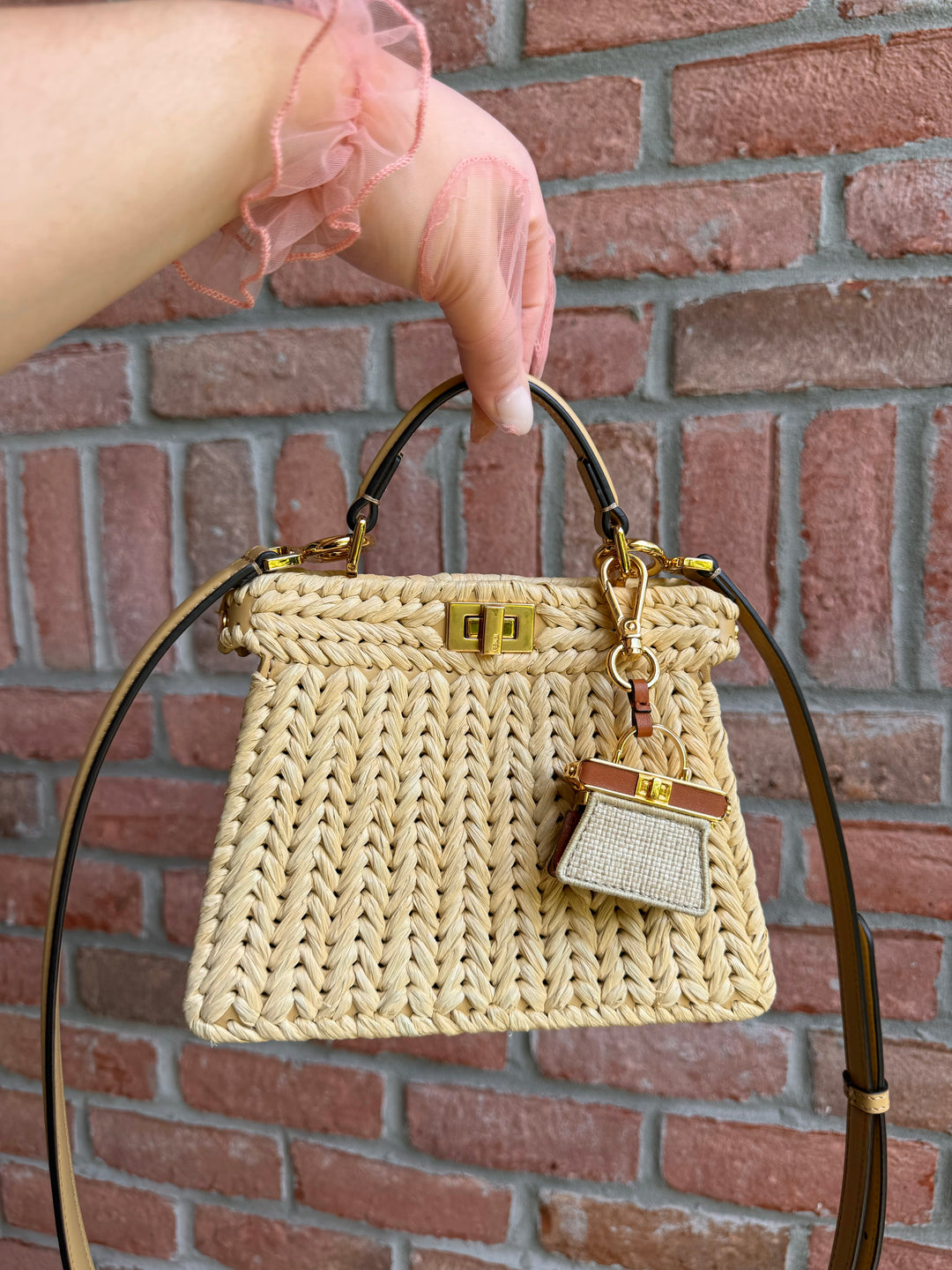 Fendi Peekaboo ISeeU Petite Sand Raffia Bag + Fendi Charm