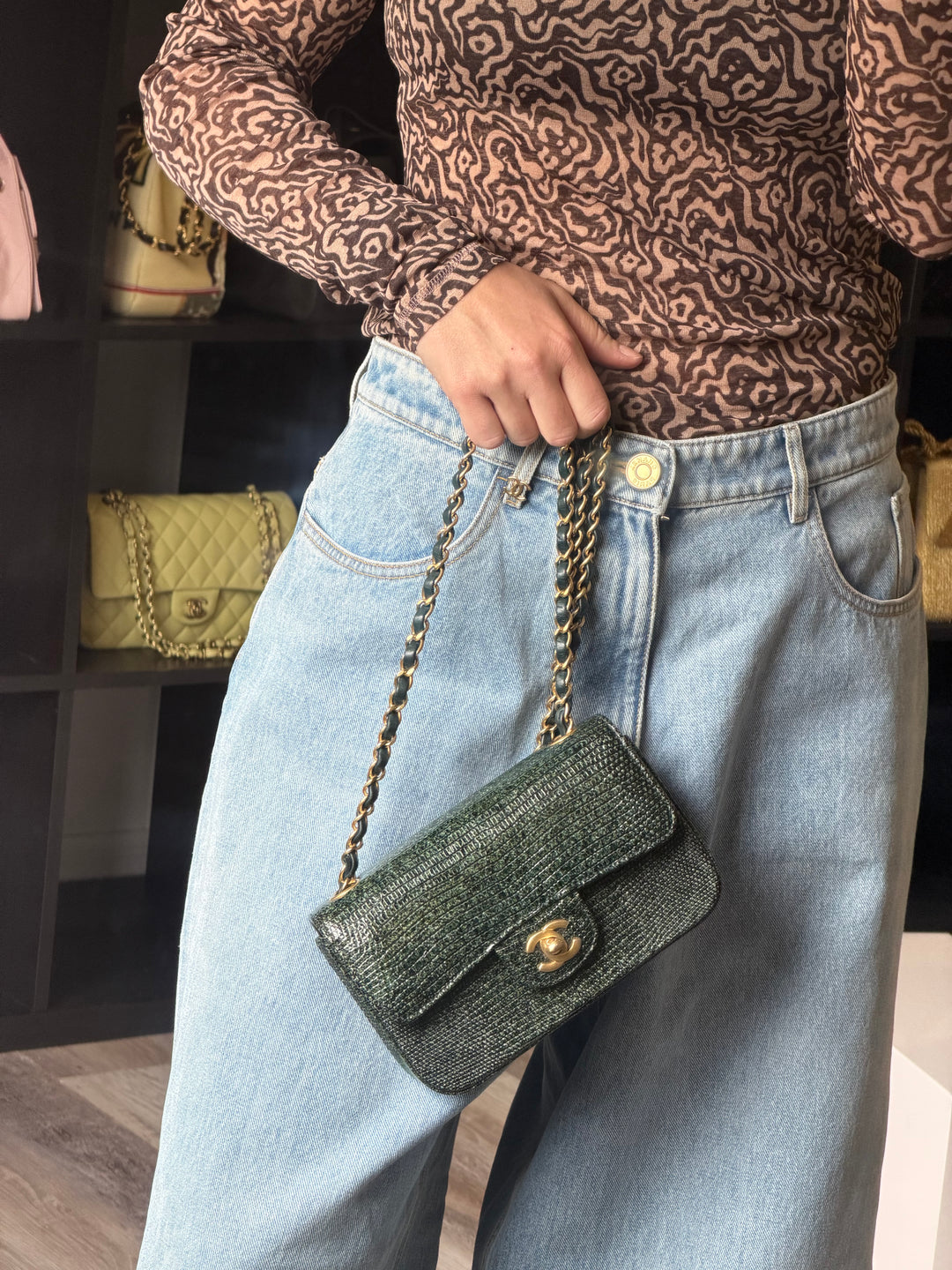 Chanel Mini Flap Green Lizard Brushed Gold Hardware 2018