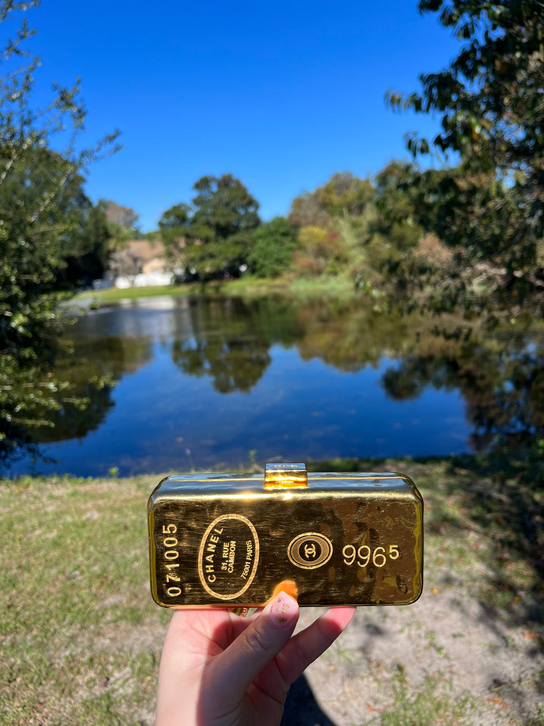 Chanel Hammered Gold Metal Bullion Bar Minaudière Clutch