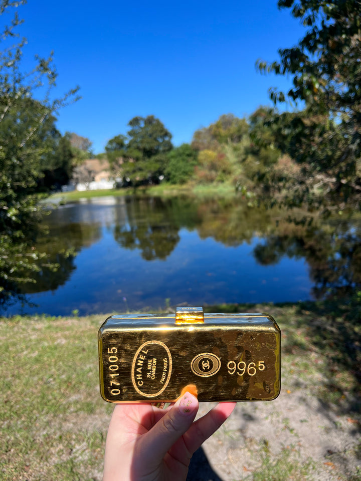 Chanel Hammered Gold Metal Bullion Bar Minaudière Clutch
