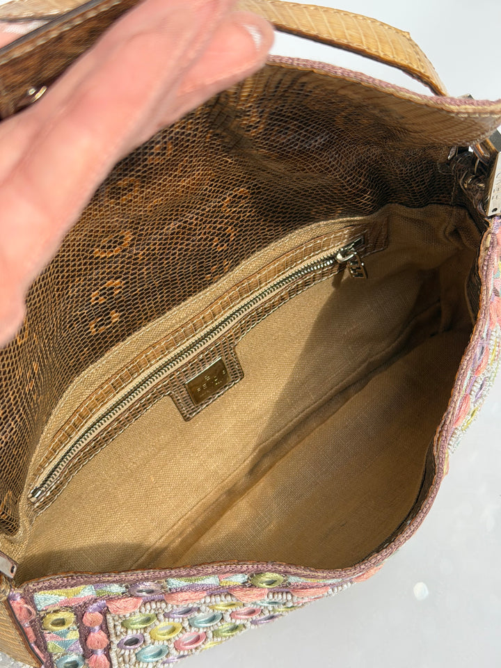 Fendi Baguette Mirror Specchietti Bag Multicolor Silk Embroidery & Beading Lizard Trim 2009