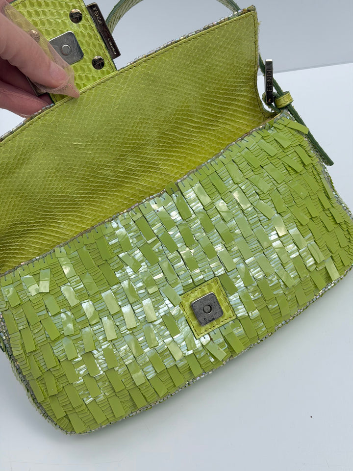 Fendi Lime Green Sequin Baguette Python Trim Silver Hardware 2000