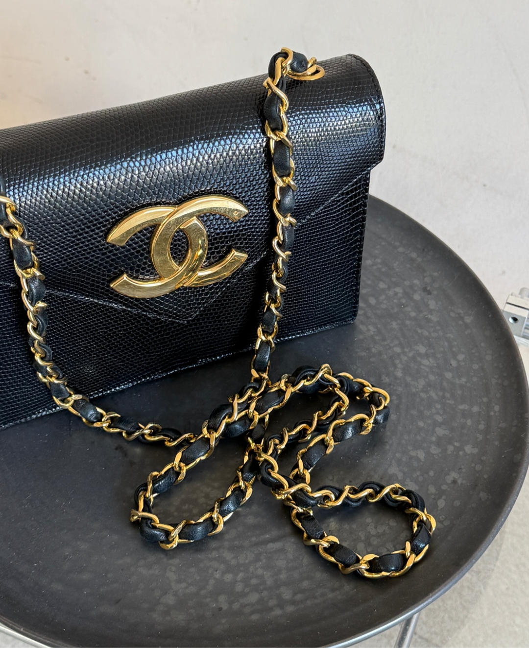 Chanel 1991 Black Lizard CC Envelope Flap Bag