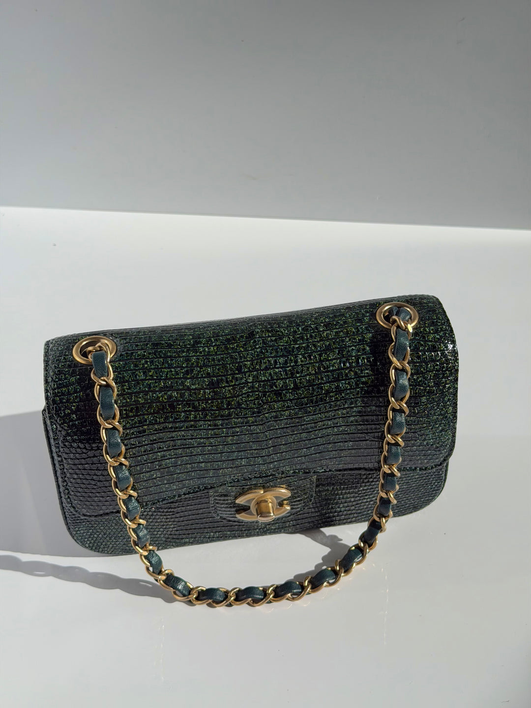 Chanel Mini Flap Green Lizard Brushed Gold Hardware 2018