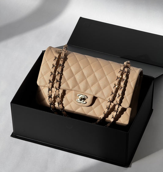 Chanel 22C Light Beige Medium Caviar Double Flap Bag