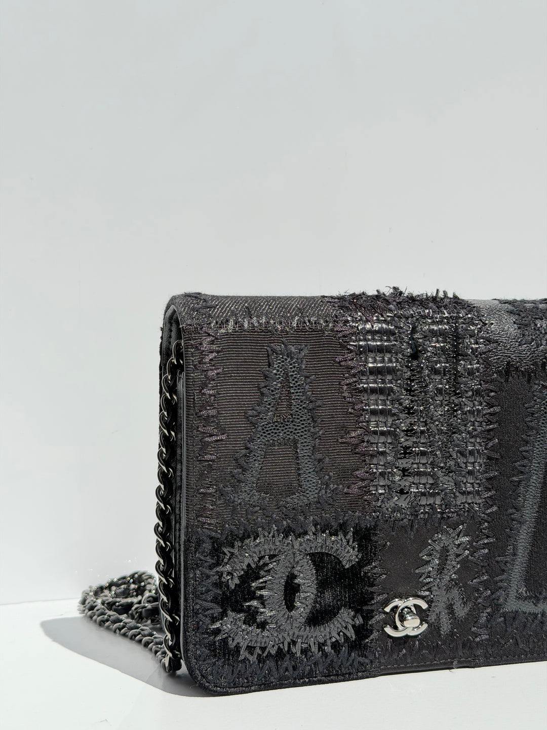 Chanel Black Mixed Media Patchwork Square Wallet on Chain Silver Hardware 2018