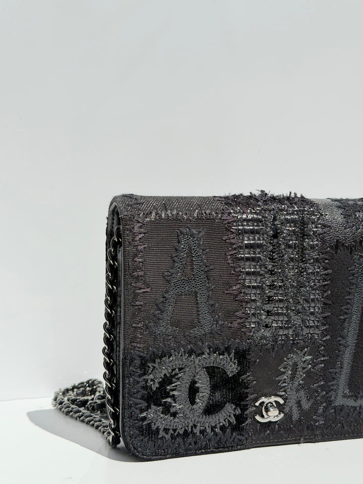 Chanel Black Mixed Media Patchwork Square Wallet on Chain Silver Hardware 2018