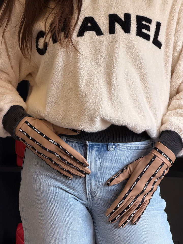 Chanel Vintage CC Logo Leather Gloves Black Tan