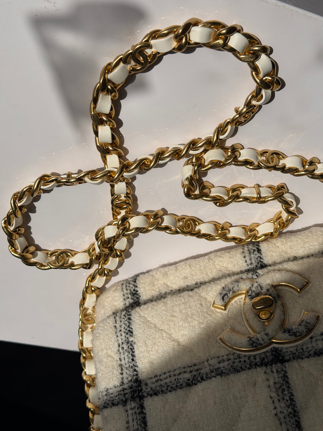 Chanel Small Elegant Chain Flap Wool Tweed White Black Gold Hardware 2022