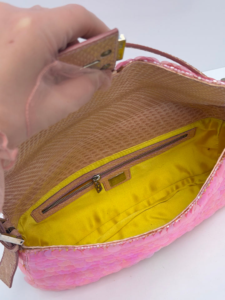 Fendi Pink Sequin Baguette Python Trim Silver Hardware 1998