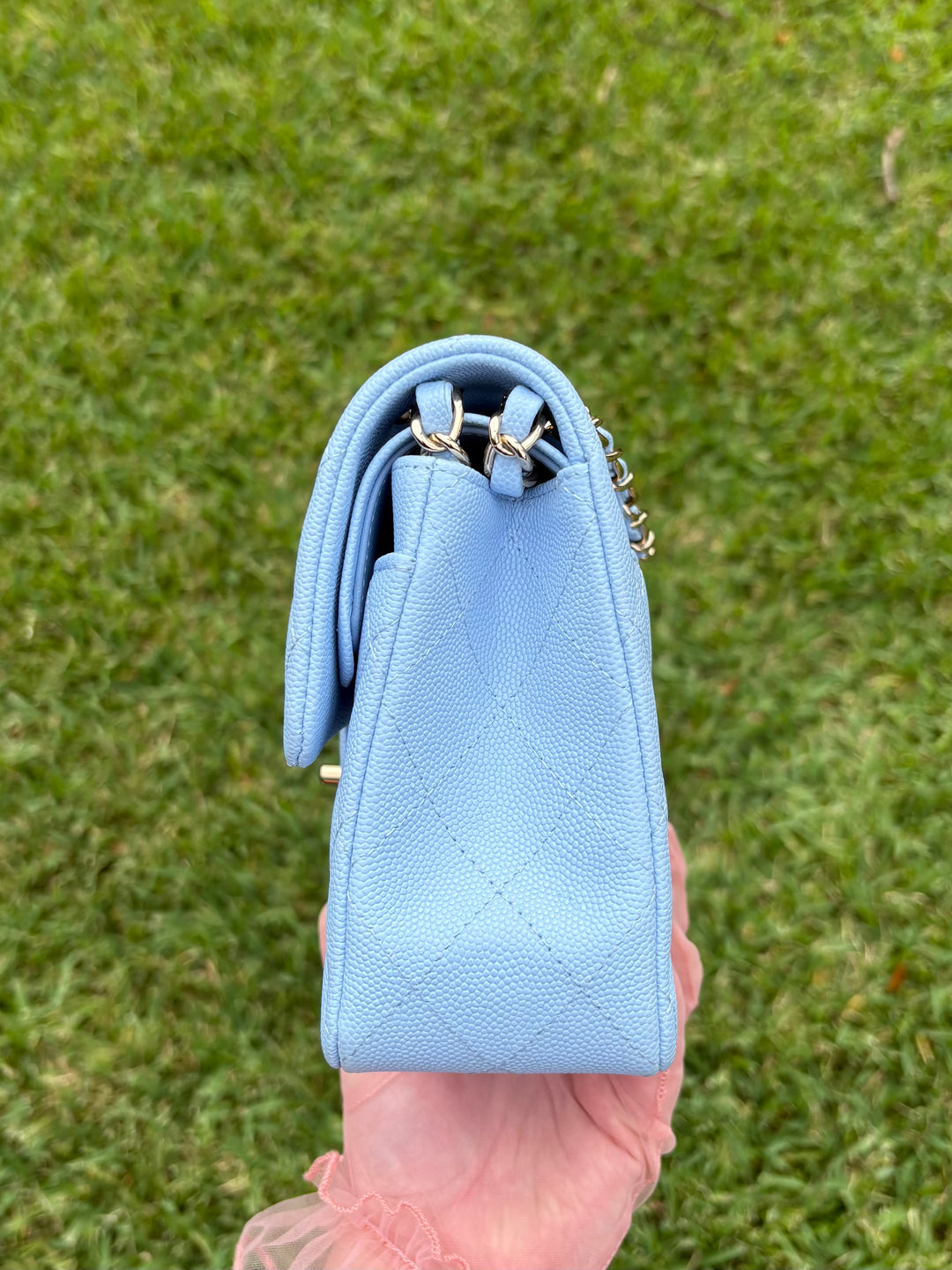 Chanel Small Classic Double Flap Caviar Light Blue Light Gold Hardware 2023