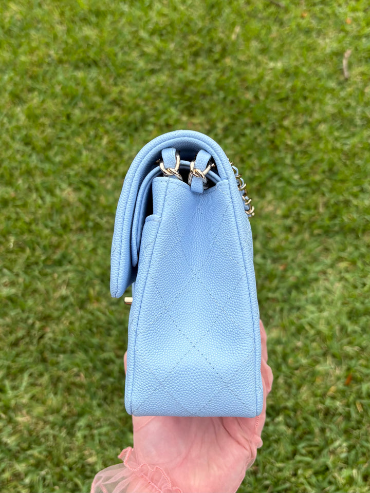 Chanel Small Classic Double Flap Caviar Light Blue Light Gold Hardware 2023