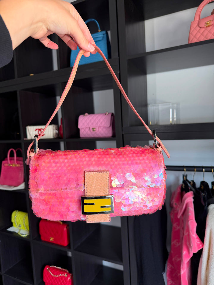 Fendi Pink Sequin Baguette Python Trim Silver Hardware 1998