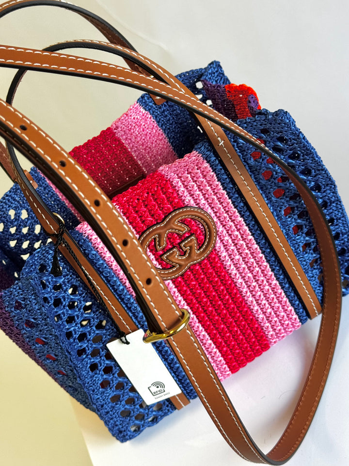 Gucci Interlocking Multicolor Raffia Tote Bag