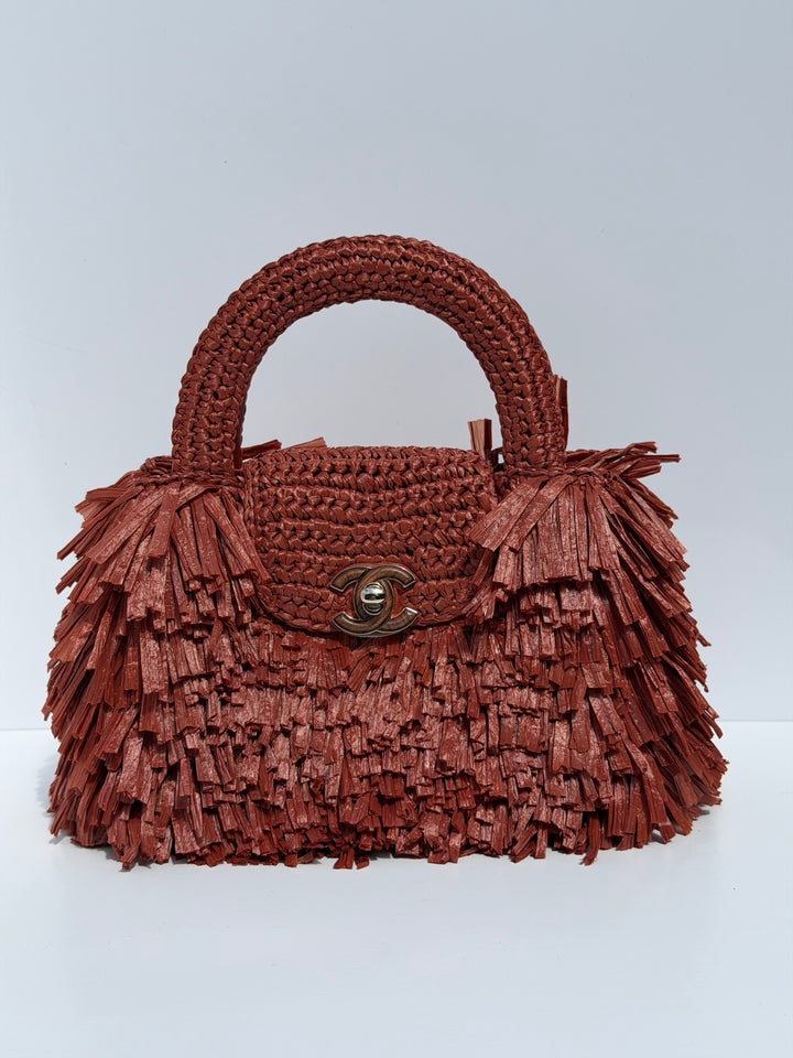 Chanel Mini Shopping Bag Fringed Raffia Effect Fabric Rust Gold Tone Metal 2026