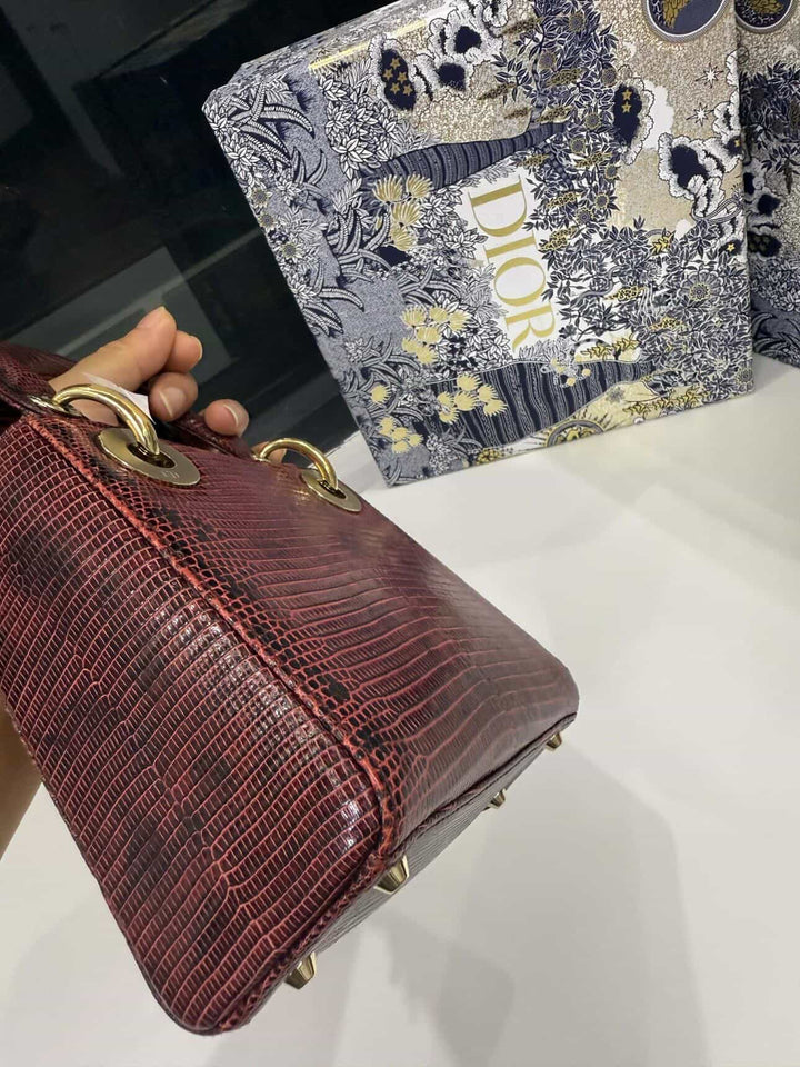 Christian Dior Lady Dior Mini Top Handle Lizard Burgundy Gold Hardware