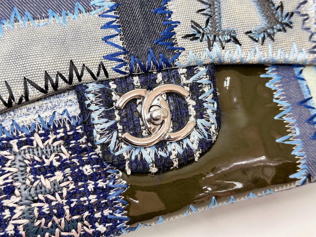 Chanel Jumbo Single Flap Patchwork Denim Blue Tweed Textile Leather Silver Hardware 2015
