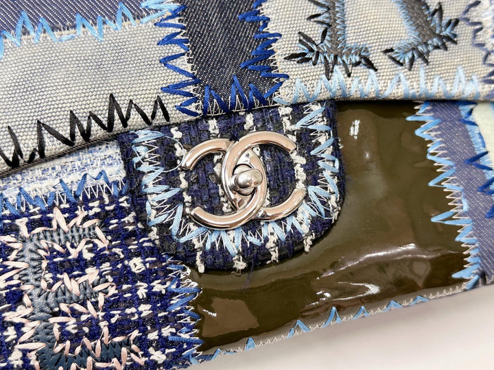 Chanel Jumbo Single Flap Patchwork Denim Blue Tweed Textile Leather Silver Hardware 2015