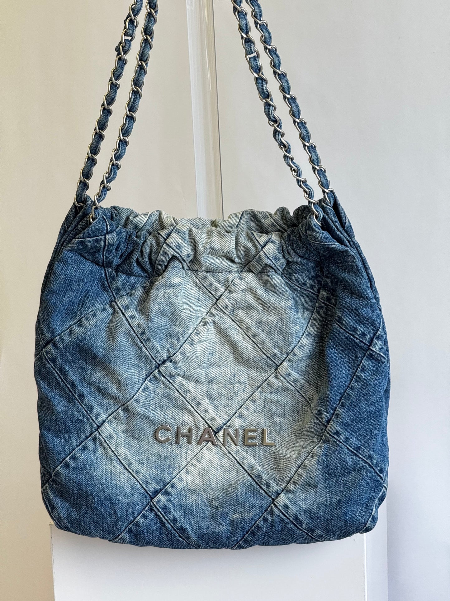 Chanel 23P Small Denim 22 Drawstring Bag