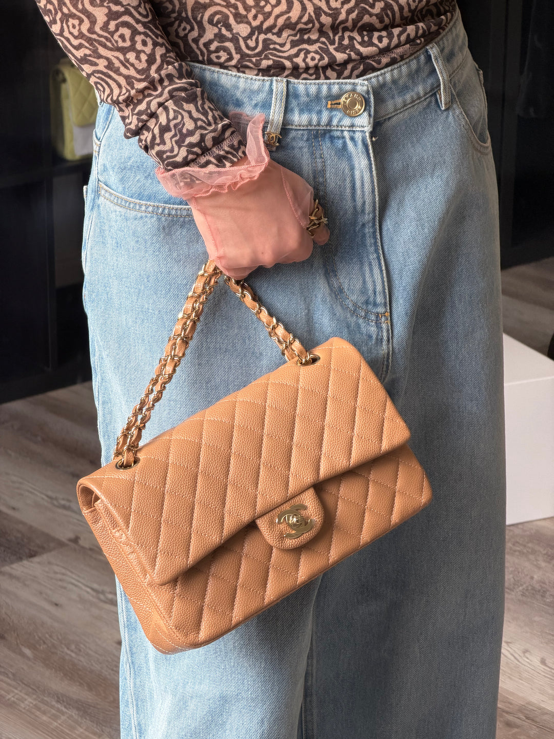 Chanel Medium Classic Flap Bag Dark Beige Caviar Gold Tone Hardware 2018