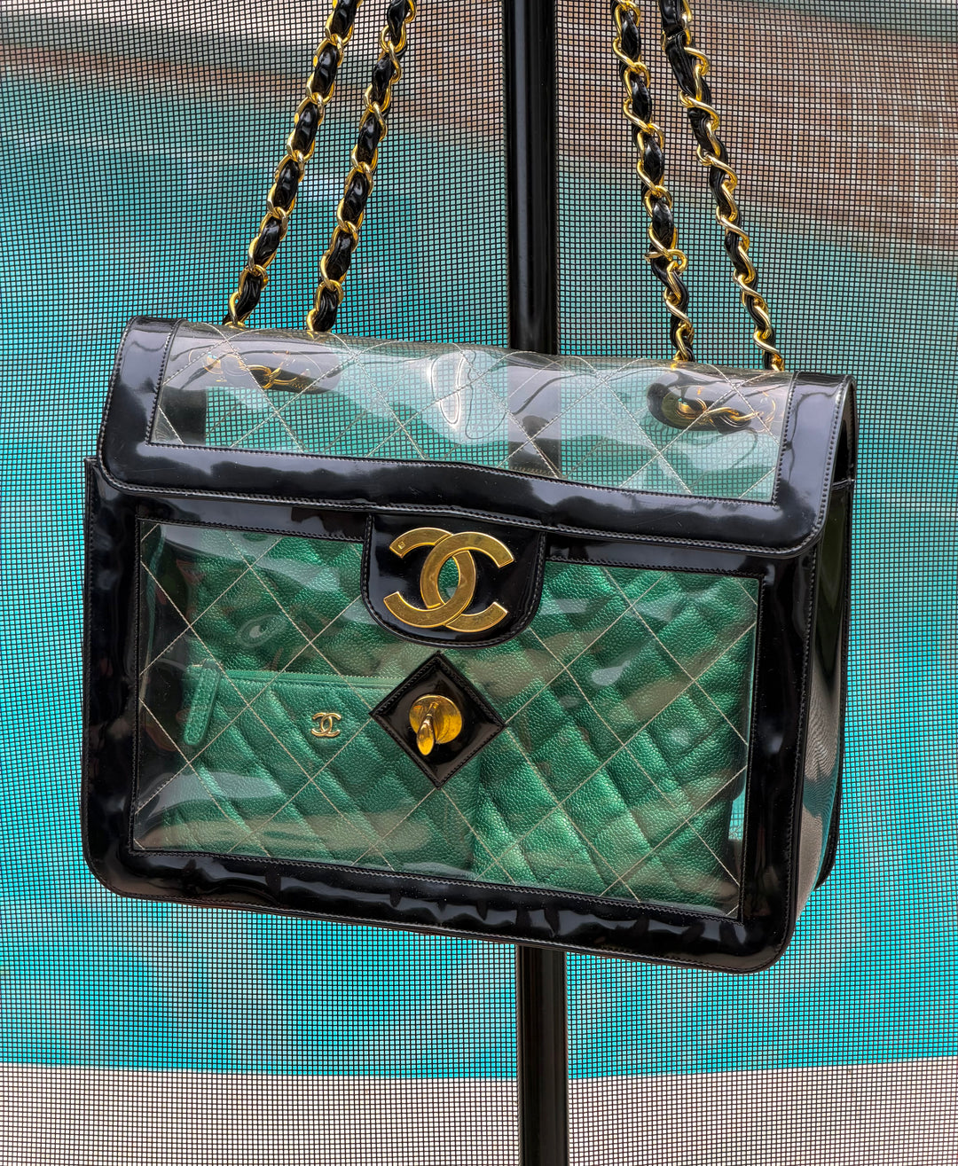 Chanel Maxi Classic Flap Bag Clear Vinyl Black Patent Leather Gold Hardware 1994