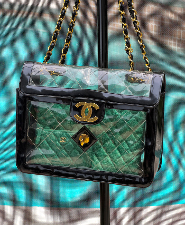 Chanel Maxi Classic Flap Bag Clear Vinyl Black Patent Leather Gold Hardware 1994