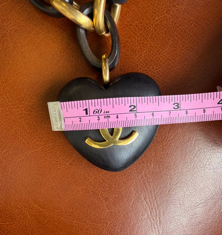 Chanel Vintage Wood Heart CC Pendant Necklace 1993