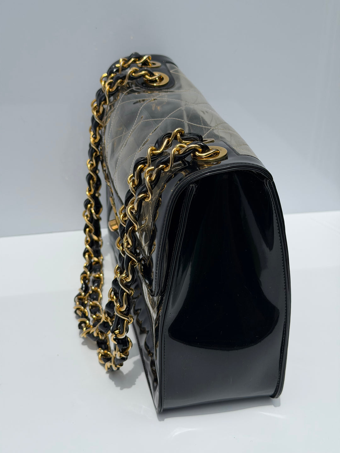 Chanel Maxi Classic Flap Bag Clear Vinyl Black Patent Leather Gold Hardware 1994