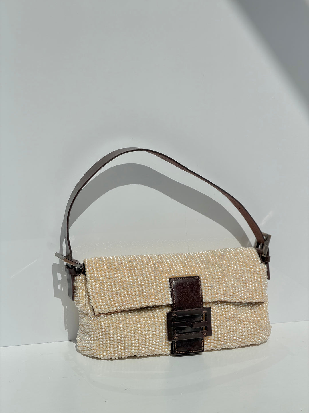 Fendi Pearl Embellished Baguette Brown Leather Trim Silver Hardware 2009