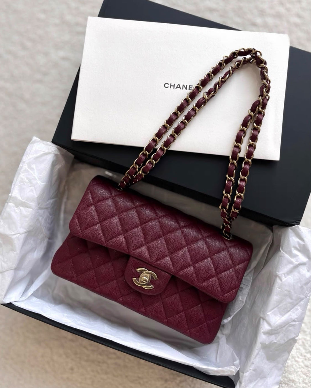 Chanel Small Classic Double Flap Caviar Burgundy Light Gold Hardware 2023