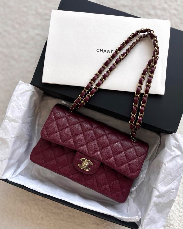 Chanel Small Classic Double Flap Caviar Burgundy Light Gold Hardware 2023