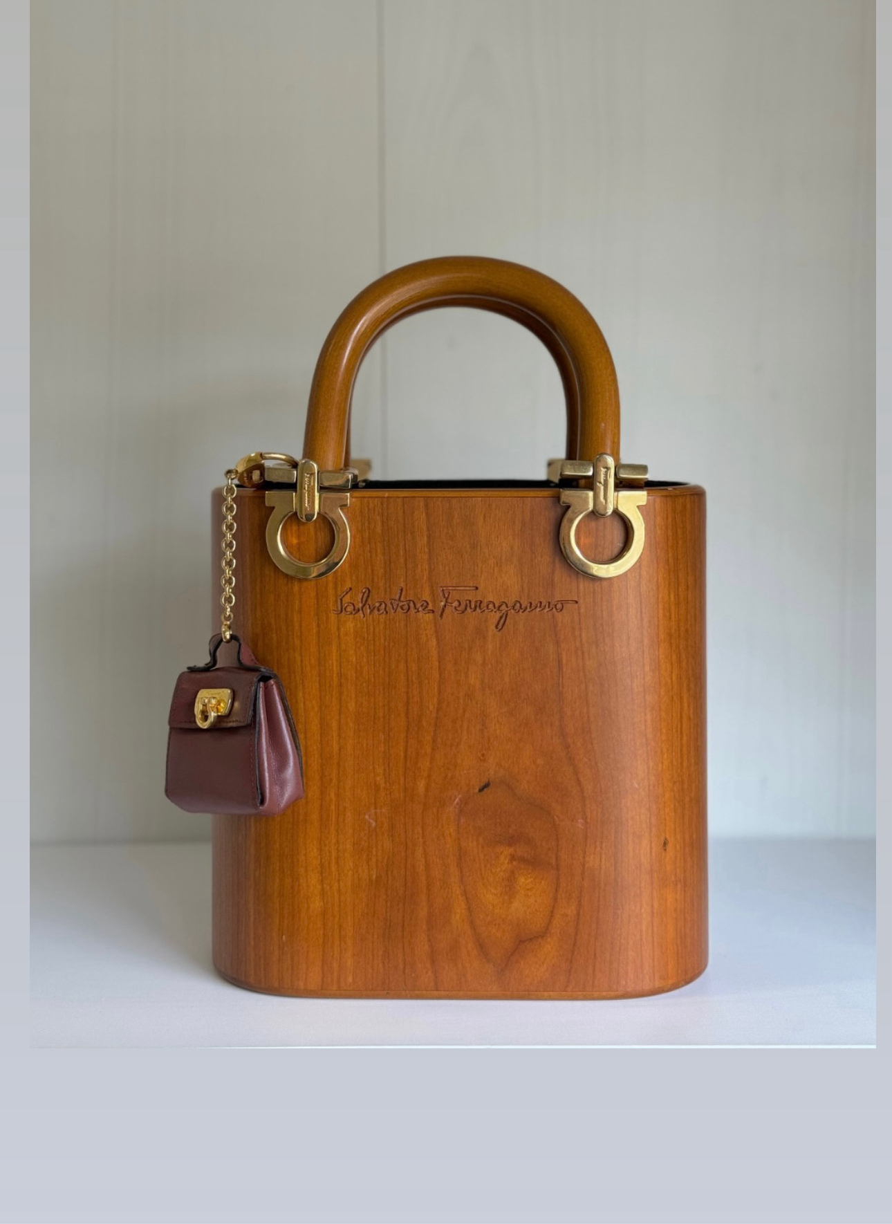 Salvatore Ferragamo Vintage Gancini Wooden Bucket Bag + Coin Pouch